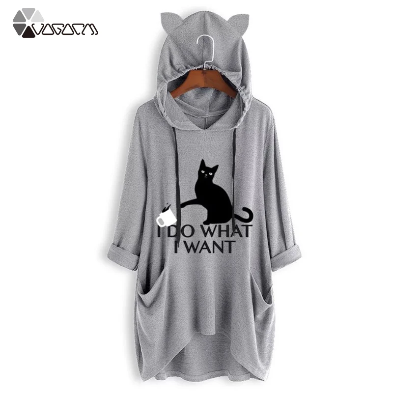 

Hoodies Print Cat Hoody Sweatshirt Women Long Sleeve Dress Pockets Irregular Pullover Mujer Big Size Sudaderas