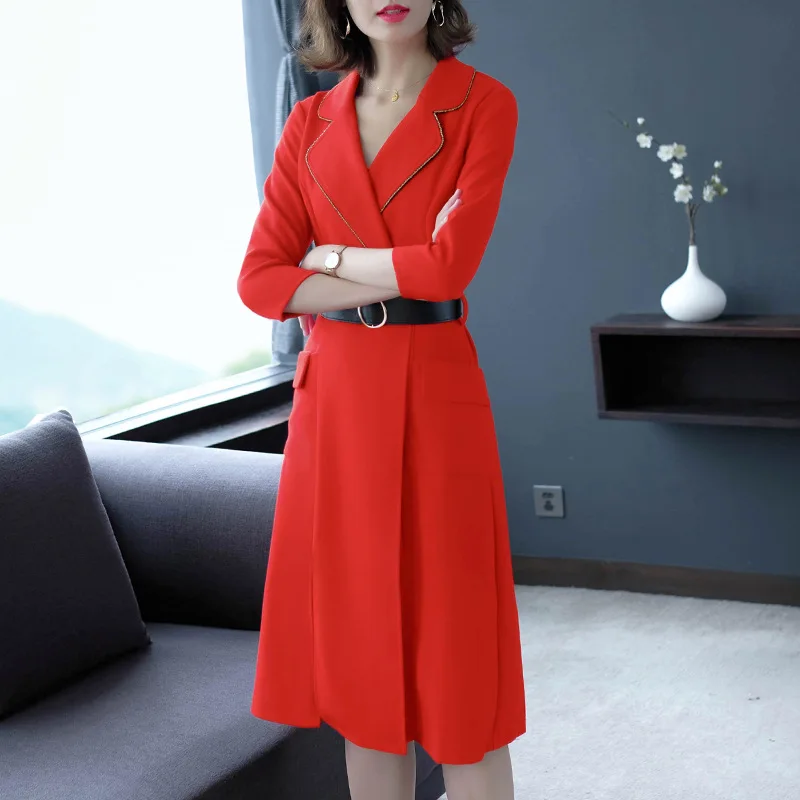 

2019 Autumn Clothing Dress Korean-style Suit Collar Waist Hugging Slit Mid-length Ninth Sleeve Dress Women's