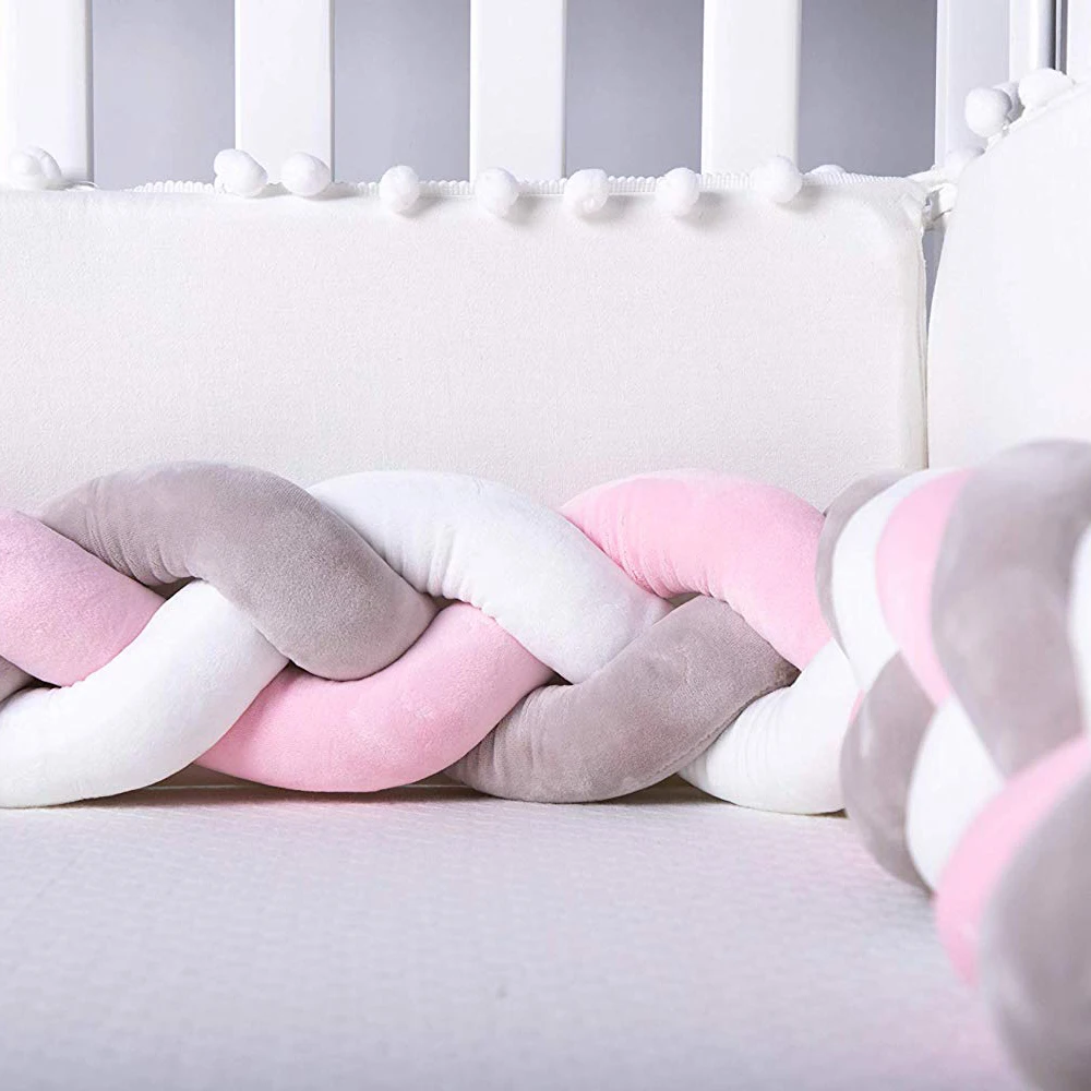 Baby Crib Bumper Knotted Braided Plush Nursery Cradle Decor Newborn Gift Pillow Cushion Junior Bed Sleep Bumper (2 Meters, Whi