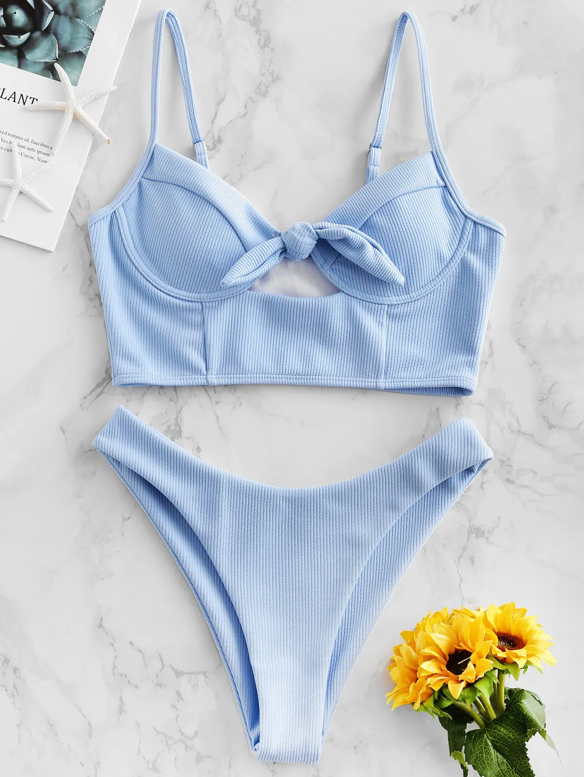 

Zaful Ribbed Front Knot Underwire Tankini Swimsuit Bikini Sets