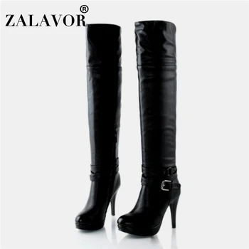 

ZALAVOR Fashion Sexy Ladies Black Over The Knee Boots Pu Leather Buckle Spike Heels Shoes Woman Office Footwear Size 32-43