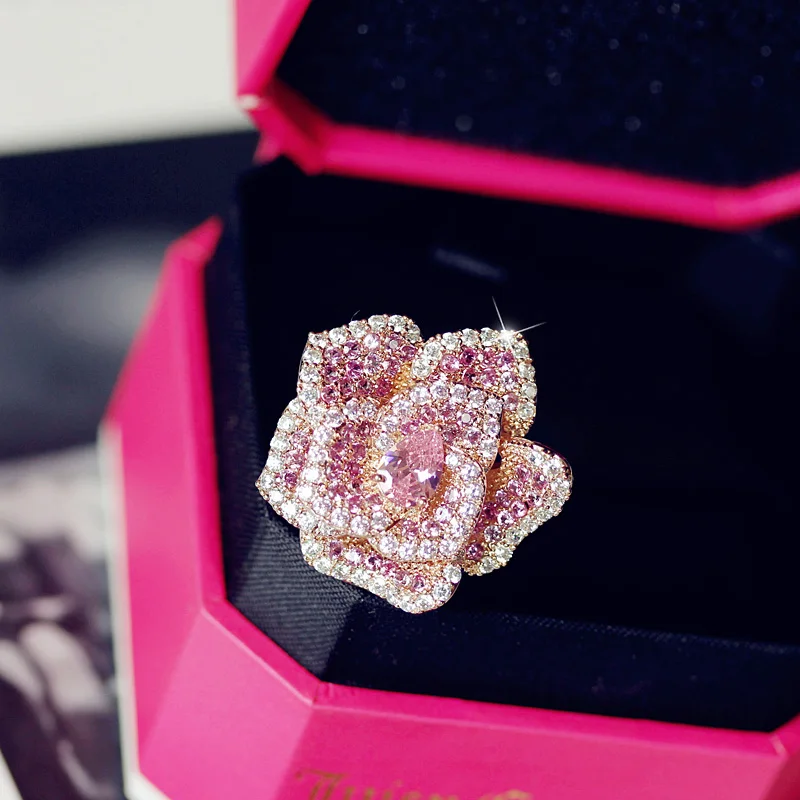 Женское кольцо в стиле бохо с кристаллами и розовым цветком, милое регулируемое обручальное кольцо из розового золота 18 К, кольца для помолвки для женщин