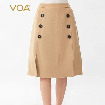 

VOA 14.75 Micron Small Cashmere Medium Waist Double Row Button British Style Slit Hemline at Hem Warm Cashmere Wool Skirt SC952
