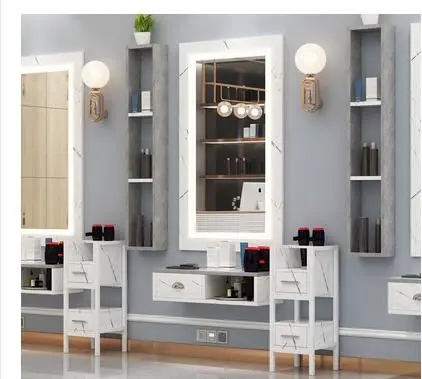 Barber's mirror table hanging wall solid wood cabinet mirror LED lamp marble ironing and dyeing
