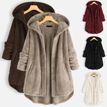 

Women Winter Hooded Plus Size Fleece Button Down Pocket Overcoat M6CD