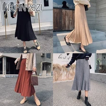 Винтажная зимняя женская толстая юбка-свитер эластичная высокая талия плиссированная трикотажная юбка миди трапециевидная Женская однотонная элегантная юбка-85