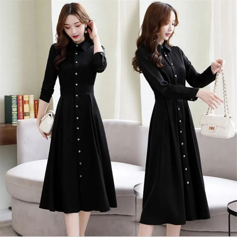 

Ymwmhu New Fashion Women's Dress Long Sleeve Button Autumn and Winter Clothes Turn-down Black Vintage Ladies Dresses Vestidos