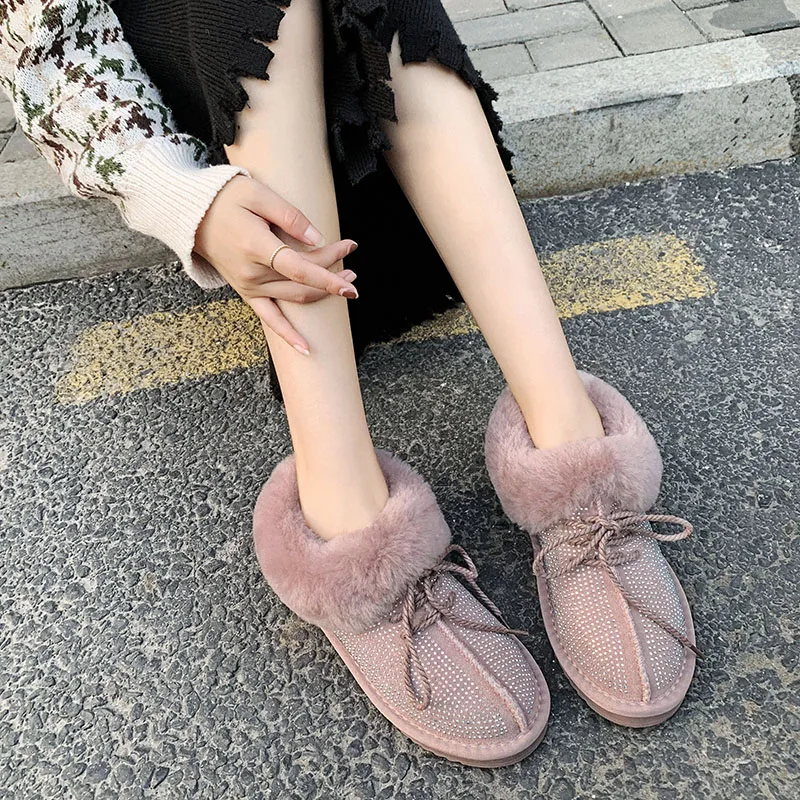 Шикарные женские зимние ботинки; зимняя теплая шерстяная обувь; botas Mujer; ботильоны из натуральной замши; зимние ботинки со стразами; Femme