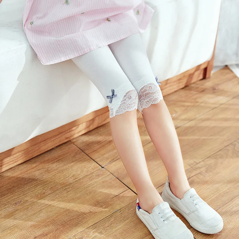 

Nine Que Childrenswear GIRL'S Cropped Trousers Summer Thin Section Modal Baby GIRL'S Lace Bow CHILDREN'S Leggings