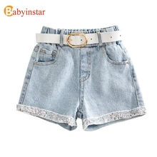 Babyinstar/джинсовые шорты для маленьких девочек; Детские шорты с блестками и кожаным ремнем; костюм для девочек; Детские шорты для девочек