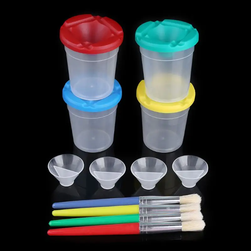 

4 Colors Spill-Proof Paint Canists with and 4 Parts Colors Assorted Children's Paint Brushes set U4LD