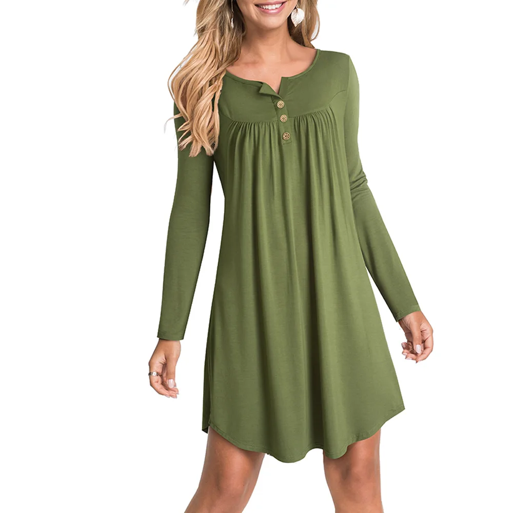 

New Autumn Casual Retro wooden button Loose Dress Round neck Soft Lazy style dress EA172