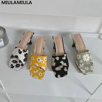 

MIULAMIULA Brand Designer 2020 Summer High Quality Square Toe Print Flower Sexy High Heel Lady Pumps Mules Flip Flops Beach Shoe