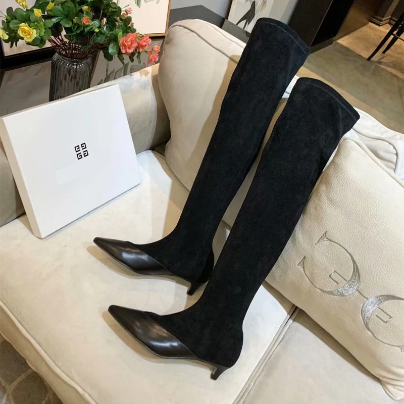 

Fashion New Famous Brand T Show Women Long Boots Thigh High Patchwork Spike Heel Lady Winter Shoes women winter black boots