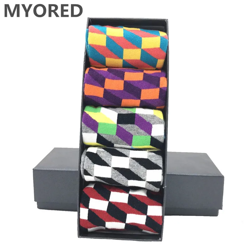 MYORED, 5 пара/лот, мужские носки, хлопковые, цветные, забавные, длинные, яркие, носки для мужчин, деловое платье, подарок на свадьбу, носки без коробки