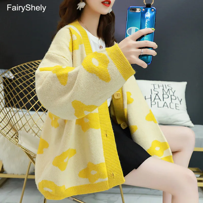 FairyShely, длинный свитер, кардиганы для женщин, v-образный вырез, свободный, трикотаж, однобортный, Повседневный, вязаный кардиган, верхняя одежда, зимняя куртка, пальто
