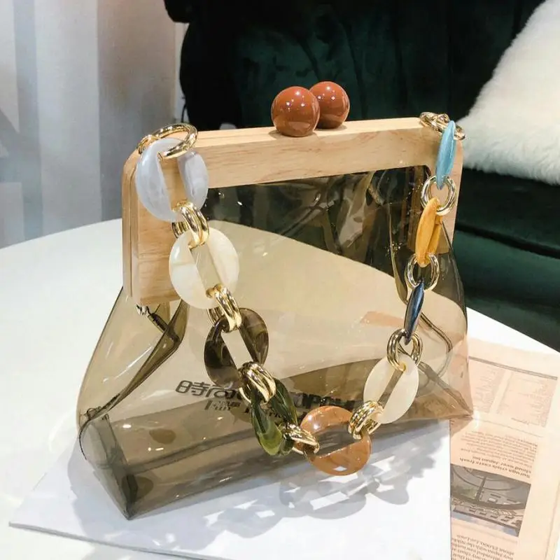 

New Korean Acrylic Wood Clip Handbag Women Transparent Jelly Shoulder Bag Girl Ladies Hand Bags Women Crossbody Bag
