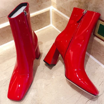 

Top red Boots High Heel Genuine Leather Boots Women White Black Womens Mid Calf Boots 34-41