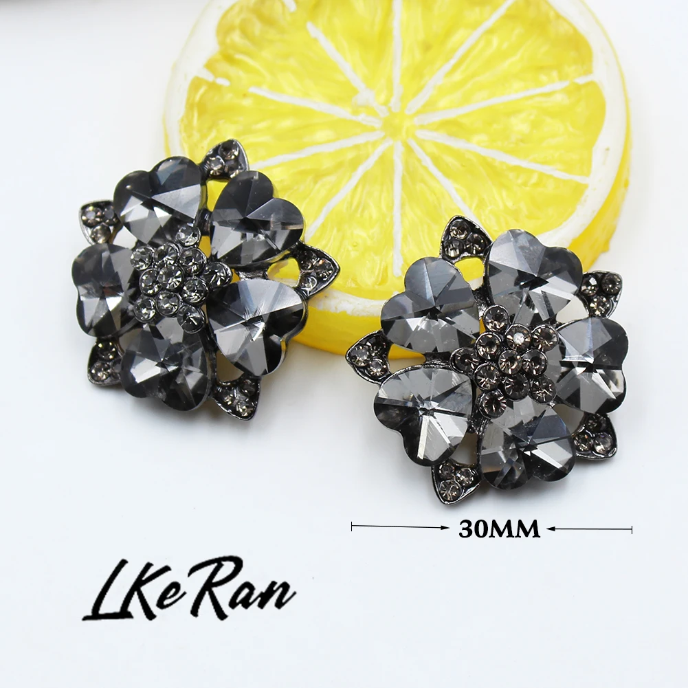 LKERAN 3Pcs/lot 30mm Black Charm Heart Crystal Rhinestones Buttons Metal Shank Sewing For Clothing Diy Accessories Decorative 3