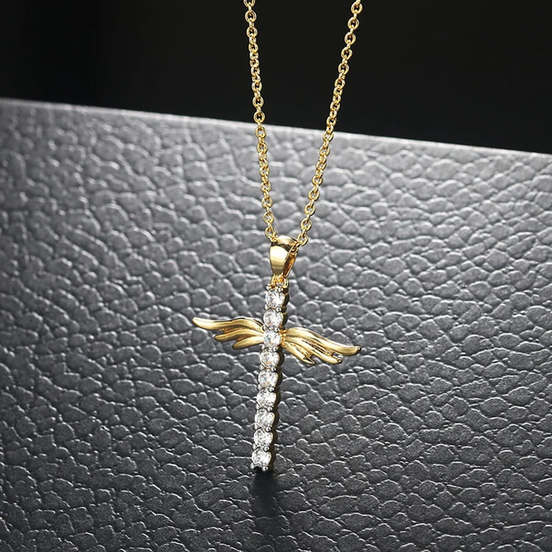 JUWANG Hot Sale Angle Wing Cross Christian Prayer Necklace Unisex Copper Plated Gold Zircon Collares Choker Accessories - Image 3