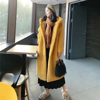 

2019 New Fashion Womens Faux Fur Coat Hooded Loose Thick Warm Overcoat Solid Color Single Breasted Long Fur Coat K36