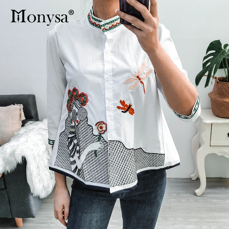 Embroidery Shirt Women Summer Autumn 2020 New Arrival Fashion 3/4 Sleeve Casual Blouses Ladies White Doll Shirt