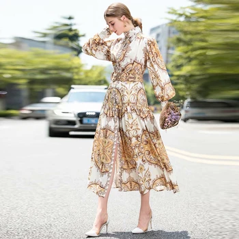 

VERDEJULIAY Vintage Royal Dress 2020 Autumn Winter Full Lantern Sleeve Palace Print Belt Turtleneck Luxury Long Women Dress