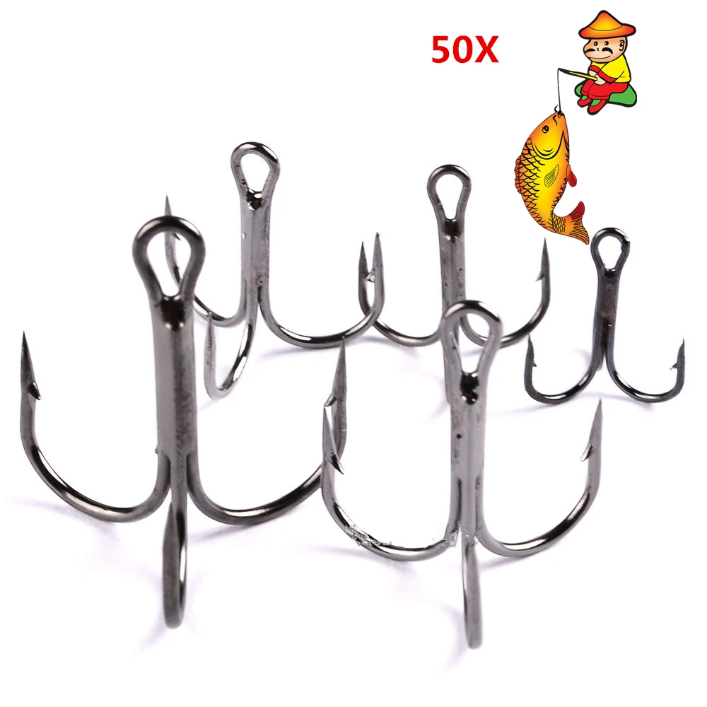 50pcs/Box Fishing Hook Antirust Treble Hooks Tackle Carbon Steel Lure