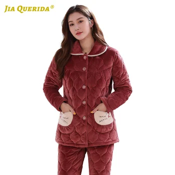 

3 Layers Padded Cotton +Velvet Long Sleeve Long Pants Sleepwear Fashion Style Casual Homesuit Homeclothes Turn Down Collar