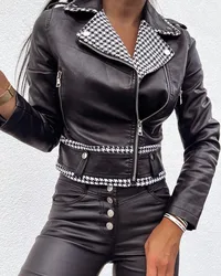 Jaqueta de couro feminina 2021 outono nova moda mil pássaro grade emenda lapela manga longa jaquetas de couro roupas casuais