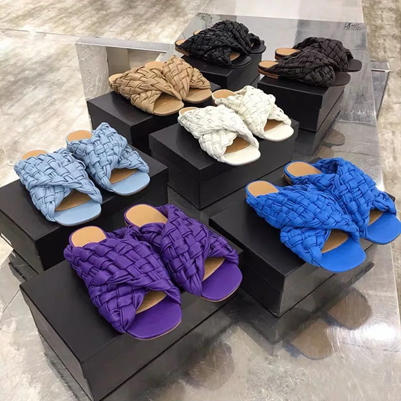 Zapatillas de moda para actividades al aire libre tejidas para mujer, Sandalias planas informales, zapatillas de playa, zapatos elegantes de talla grande para verano