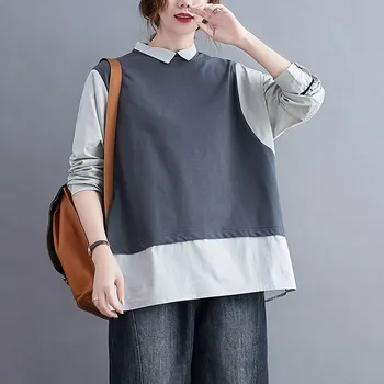 

Oversized Women Casual Shirts New 2020 Autumn Korean Simple Style Patchwork Color False 2 Pieces Ladies Blouses Tops S2062
