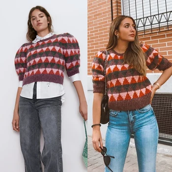 

2020 Newly Fashion Boho Patchwork Sweater Women Spring Autumn Clothing Trendy Casual Ethnic Short Warm Sweater Wholesale