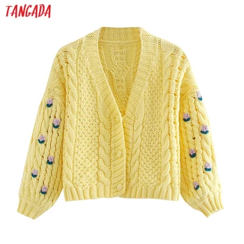 

Tangada women elegant flower emebridery yellow cardigan vintage jumper lady fashion oversized knitted cardigan coat 5Z171