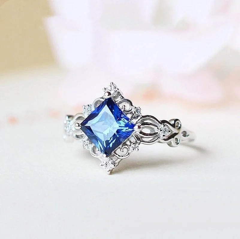 Vintage Princess Cut Lab Sapphire Ring 925 Sterling Silver Engagement Rings Bridal Fine Jewelry Size US5-12 engagement rings wedding rings finger rings