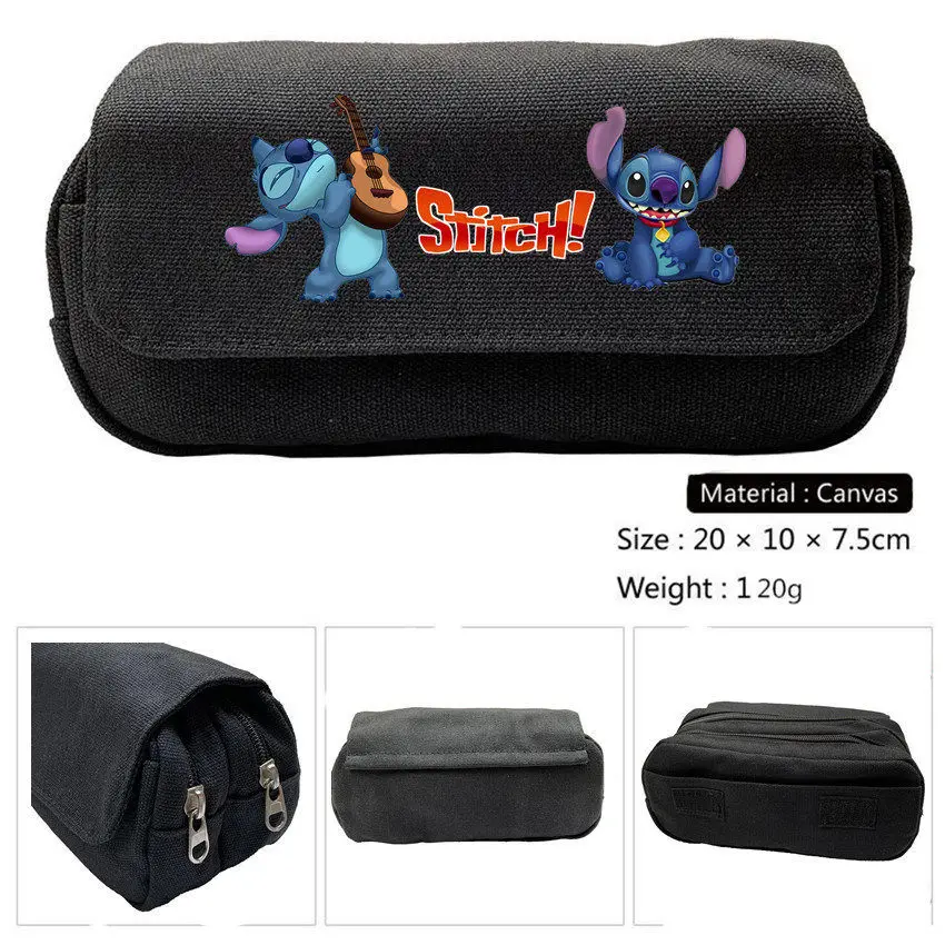 

Lilo And Stitch canvas school Pencil case Student Stationery Bag Zipper double layer Makeup Case pen bag money bag