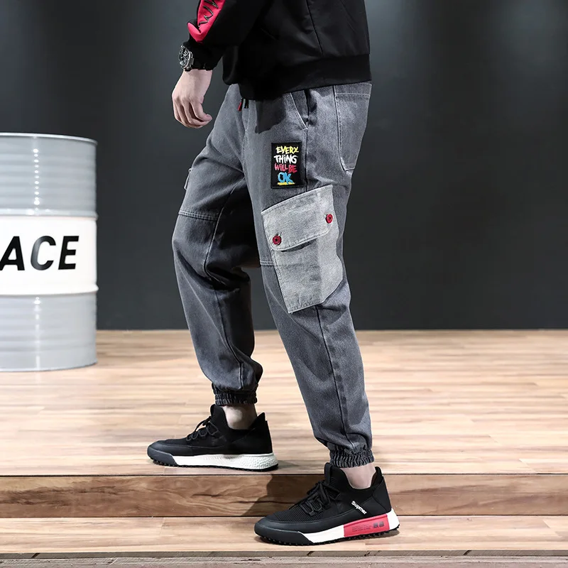Spring winter Grey Denim Jeans Side Pockets Elastic Waist Streetwear Hip Hop Jeans Men Loose Side Pockets Mens Denim Cargo Jeans - Цвет: Серый