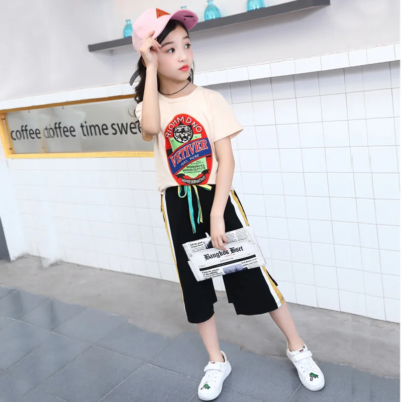 

Girl'S Suit Little Girl Pure Cotton Short-sleeved T-shirt And Wide-Leg Capri Pants Two-Piece Set 2018 Summer New Style