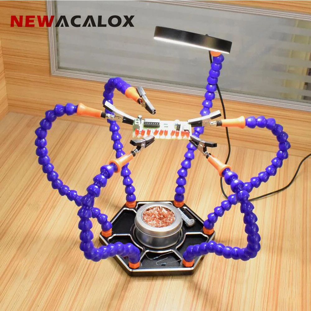NEWACALOX Multi Soldering Helping Hand Third Hand Tool 3X Magnifying USB DC Fan Flashlight Magnifier PCB Welding Repair Station newacalox soldering helping hands third hand tools with large vise base soldering iron tips cleaner ball 3x led magnifying lamp
