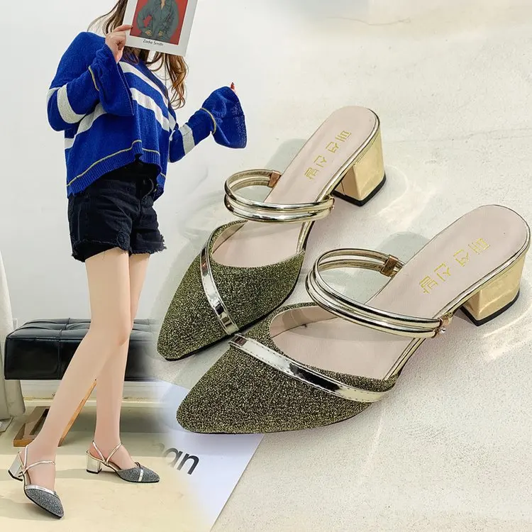 

High-Heeled Slippers Female 2019 New Pointed Sandals And Slippers Thick With Baotou Slim Sandals Outdoor Two Wearing Muller Shoe