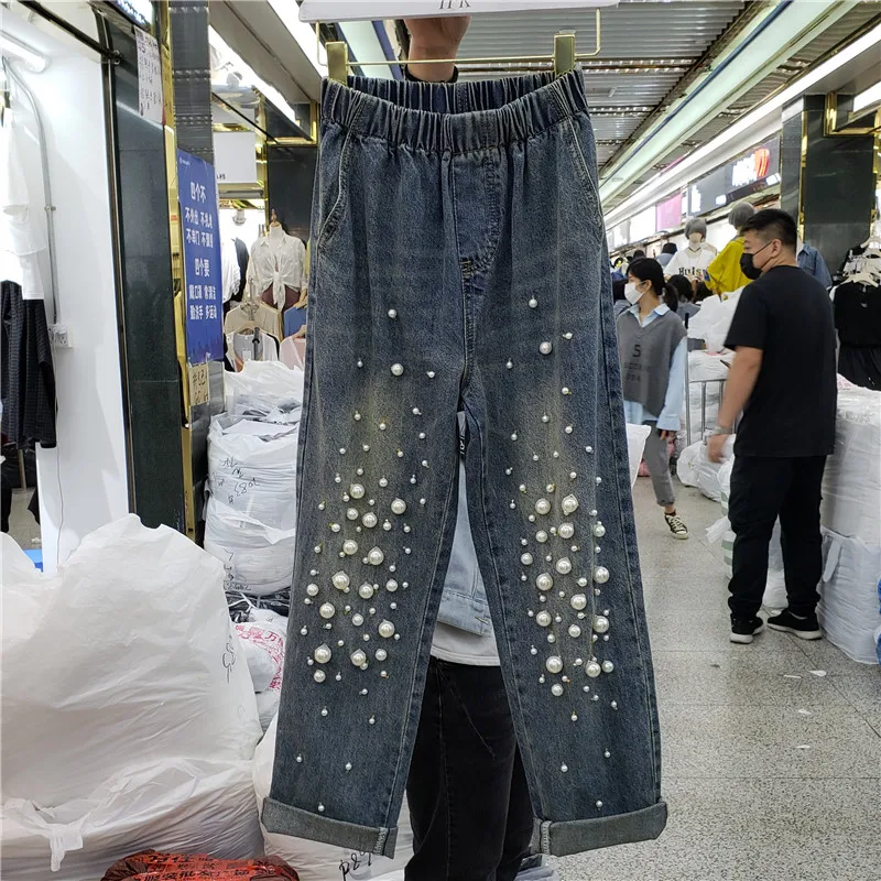 

2020 Spring Summer New Elastic Waist Jeans Heavy Industry Beaded Loose Straight Jeans Women Loose Casual Denim Trousers Feminina