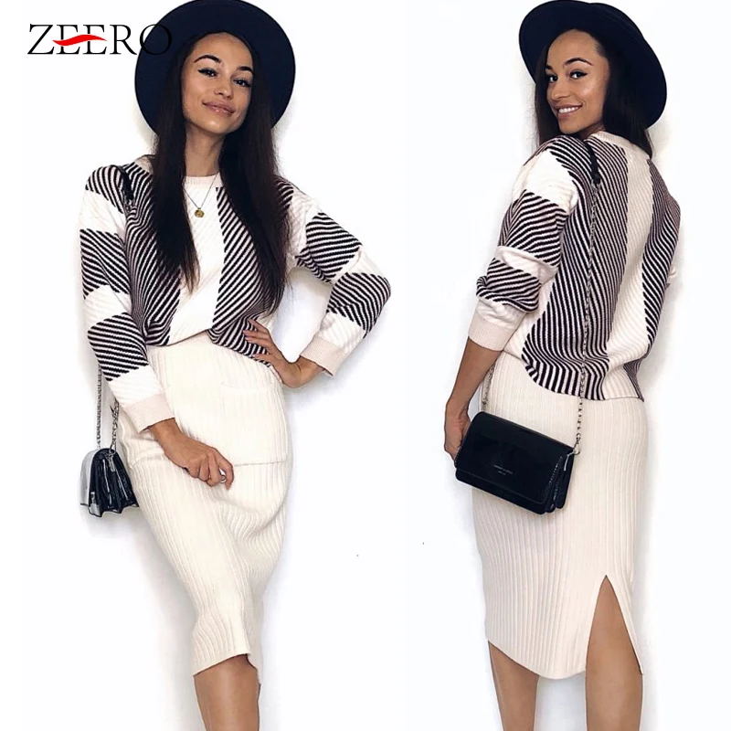 Autumn Spring knitted Set Womans Suits Thick Loose Plaid Sweater + Pencil Skirt Set For Women Suit Clothing 2 Piece Set Knit Autumn Spring knitted Set Womans Suits Thick Loose Plaid Sweater + Pencil Skirt Set For Women Suit Clothing 2 Piece Set Knit