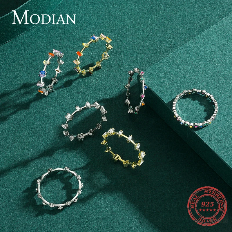 Silver Rings Silver Ring Modian 12 Style 925 Sterling Silver Rainbow Colorful Fashion Stackable Finger Ring For Women Grils Statement Jewelry