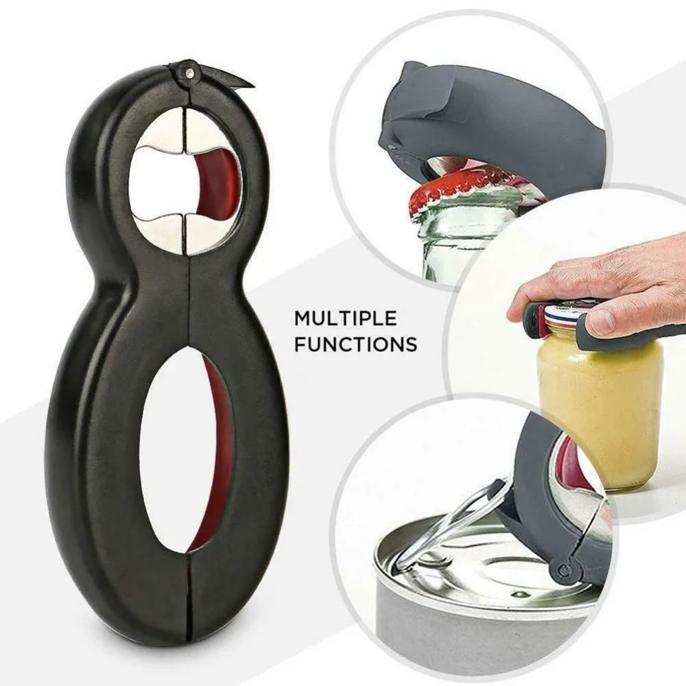 6 in 1 Multi-function Stainless Steel Plastic Bottle Opener Non-Slip Cap Grip Beer Lid Twist Off Jar Can Opener for Kitchen Cans