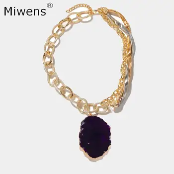 

Miwens Unique Za Purple Rhinstone Pendant Necklace For Women Vintage Gold Metal Chians Necklace Statement Lady Collar Jewelry