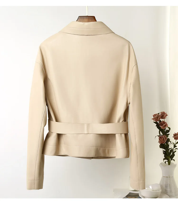 Spring Autumn Designer Women's Genuine Leather Belt Jackets Korean Style Sheepskin Short Coat C211