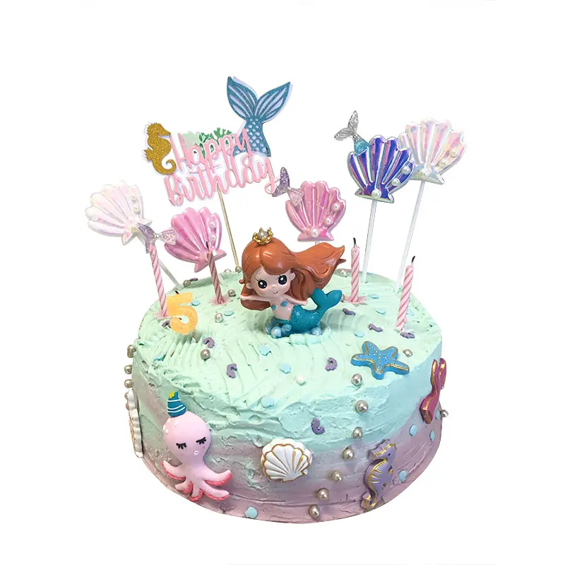 Mermaid Cake Topper Crown Little Mermaid Decor Festa Di Compleanno Baby Boy Girl Kids Favors Mermaid Theme Party Cake Decor Supplies