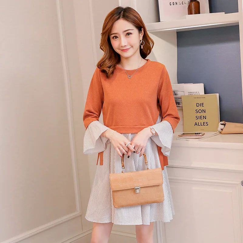 

Maternity Clothes 2018 Spring New Style Korean-style Fashion Bell Sleeve Mock Two-Piece Three-quarter-length Sleeve Pregnant Wom