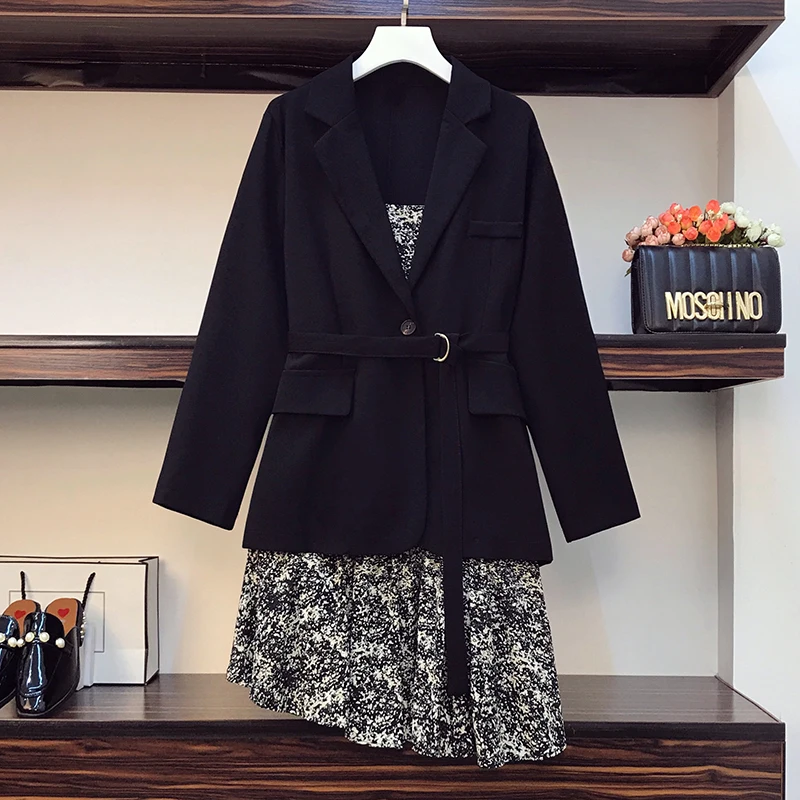 Blazer Dresses Women Plus Size Coat and Floral Sling Vestidos Two Piece Sets Business Office Wear Ladies Dress Suits Autumn 2020