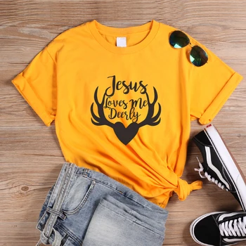 

ONSEME Jesus Loves Me Deeily T Shirt Women Christian T Shirts Funny Heart Elk Horn Graphic Tees Aesthetic Christmas Tee Tops